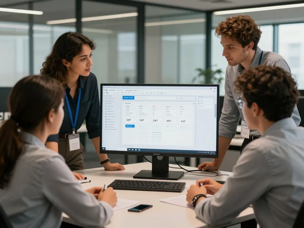 SAP consultant team reviewing ERP migration dashboard in modern European office